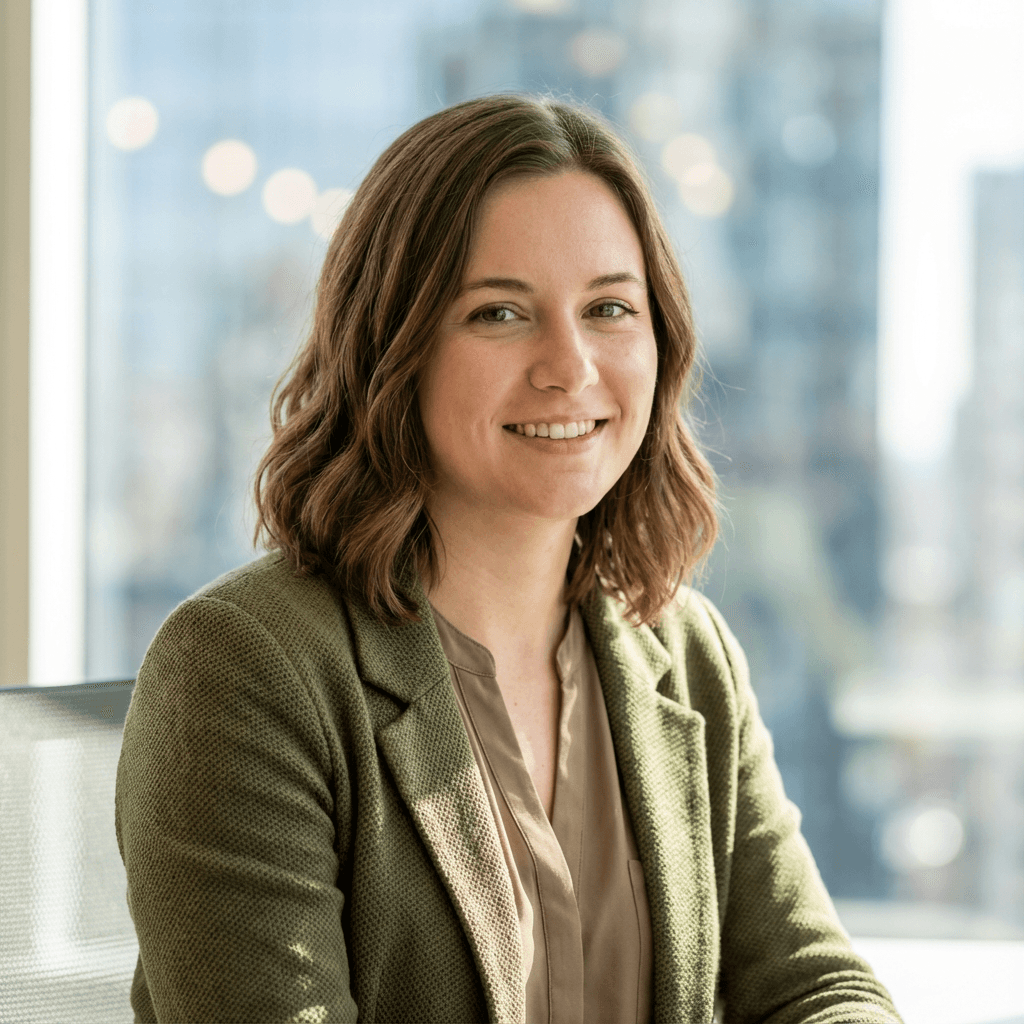Dana R., a first-time client, wearing a neutral beige sweater with a gentle smile
