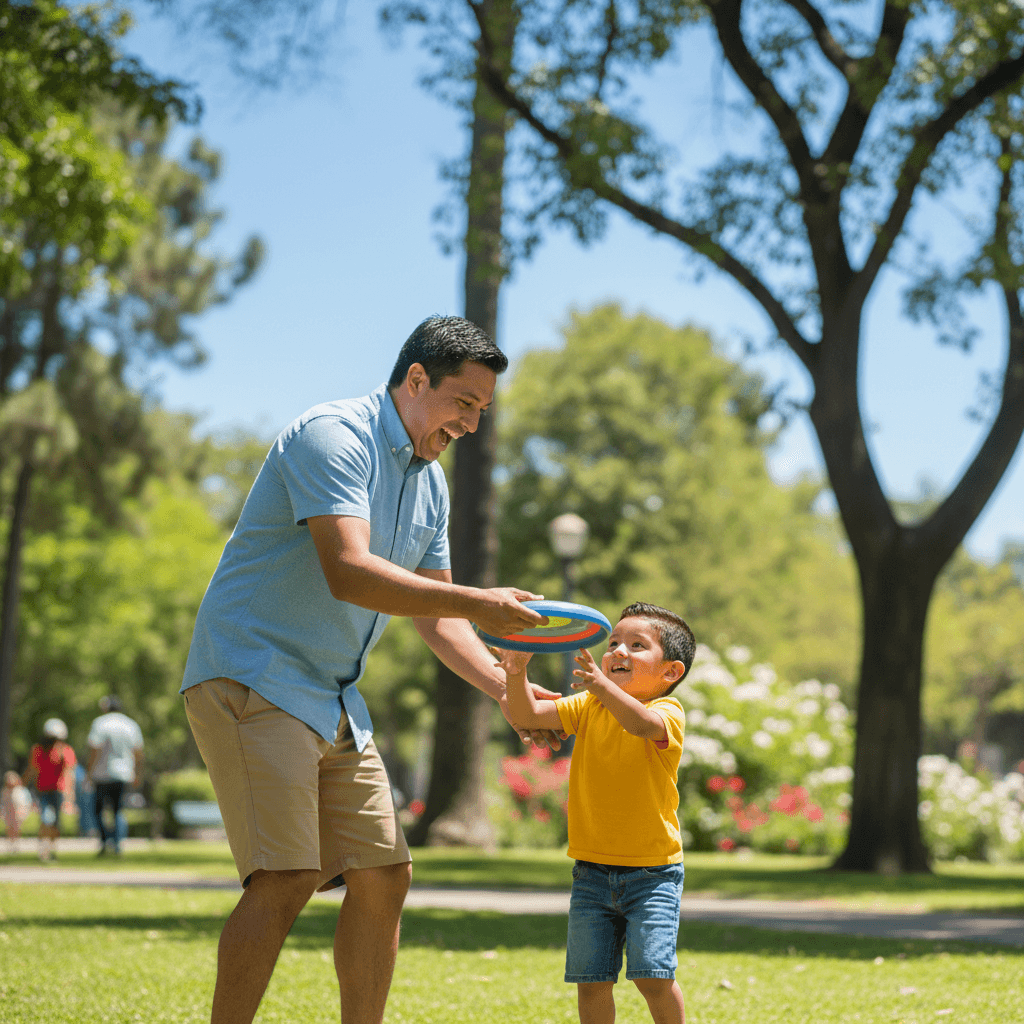 Mexican father and son enjoying a sunny day at the park, sharing a joyful moment.