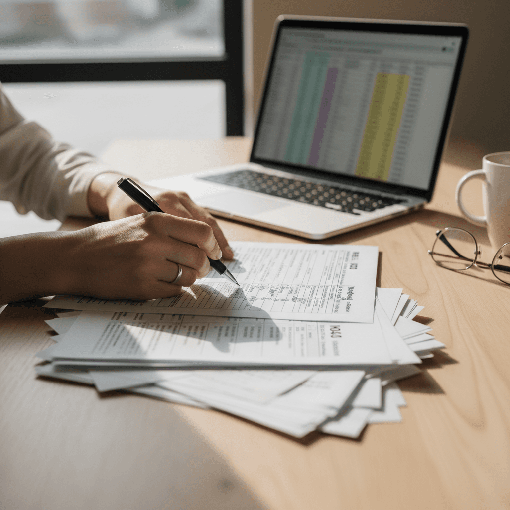Tax preparer reviewing paperwork with a client in a bright office